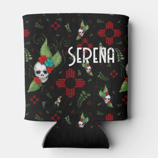 Skull Rozen Zia Sun Greenery Zwart Nieuw Mexico Blikjeskoeler (Achterkant)