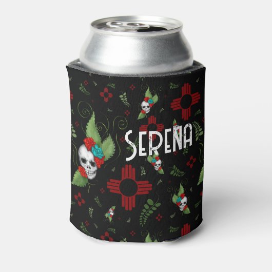 Skull Rozen Zia Sun Greenery Zwart Nieuw Mexico Blikjeskoeler (Blikje Achterkant)