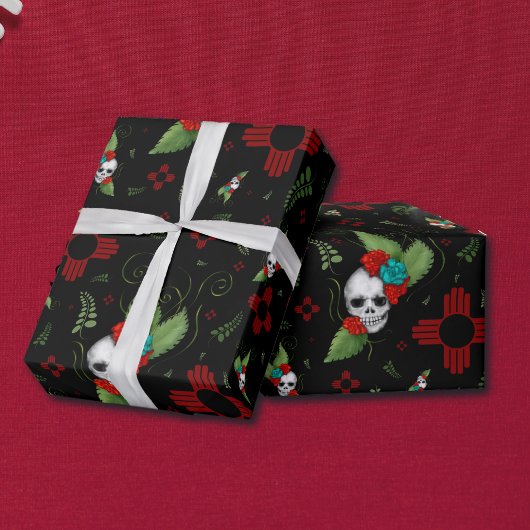 Skull Rozen Zia Sun Greenery Zwart Nieuw Mexico Cadeaupapier