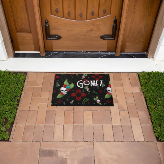 Skull Rozen Zia Sun Greenery Zwart Nieuw Mexico Deurmat (Buiten)