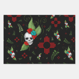 Skull Rozen Zia Sun Greenery Zwart Nieuw Mexico Inpakpapier Vel