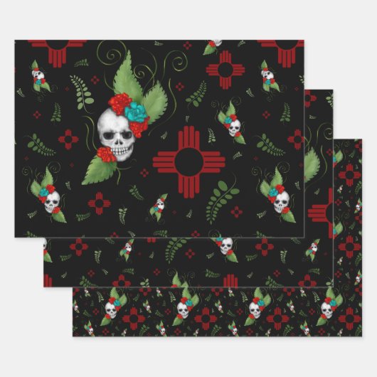 Skull Rozen Zia Sun Greenery Zwart Nieuw Mexico Inpakpapier Vel (Set)