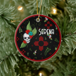 Skull Rozen Zia Sun Greenery Zwart Nieuw Mexico Keramisch Ornament