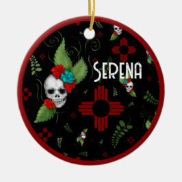Skull Rozen Zia Sun Greenery Zwart Nieuw Mexico Keramisch Ornament