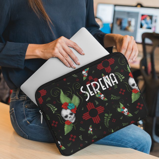 Skull Rozen Zia Sun Greenery Zwart Nieuw Mexico Laptop Sleeve (Creator heeft geüpload)