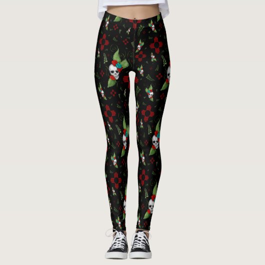 Skull Rozen Zia Sun Greenery Zwart Nieuw Mexico Leggings (Voorkant)