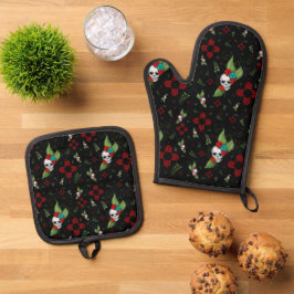 Skull Rozen Zia Sun Greenery Zwart Nieuw Mexico Ovenwant & Pannenlap Set
