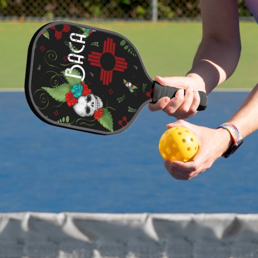 Skull Rozen Zia Sun Greenery Zwart Nieuw Mexico Pickleball Paddle (Insitu)