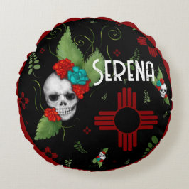 Skull Rozen Zia Sun Greenery Zwart Nieuw Mexico Rond Kussen