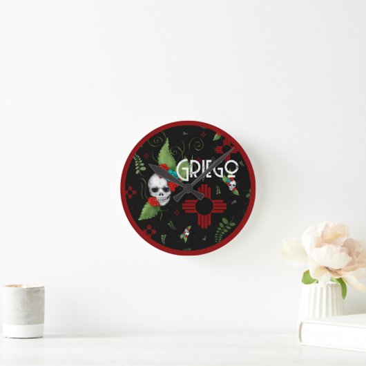 Skull Rozen Zia Sun Greenery Zwart Nieuw Mexico Ronde Klok (Huis)