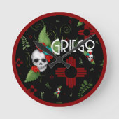 Skull Rozen Zia Sun Greenery Zwart Nieuw Mexico Ronde Klok (Voorkant)