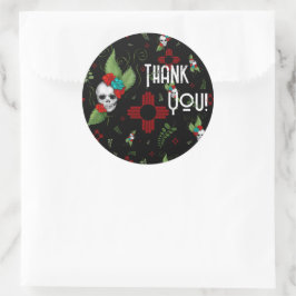 Skull Rozen Zia Sun Greenery Zwart Nieuw Mexico Ronde Sticker
