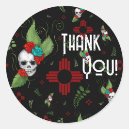 Skull Rozen Zia Sun Greenery Zwart Nieuw Mexico Ronde Sticker