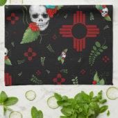 Skull Rozen Zia Sun Greenery Zwart Nieuw Mexico Theedoek (Gevouwen)
