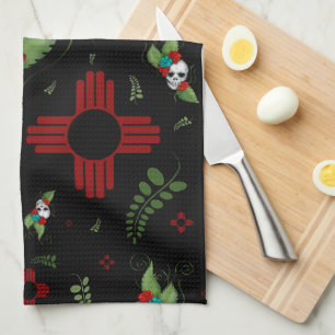 Skull Rozen Zia Sun Greenery Zwart Nieuw Mexico Theedoek