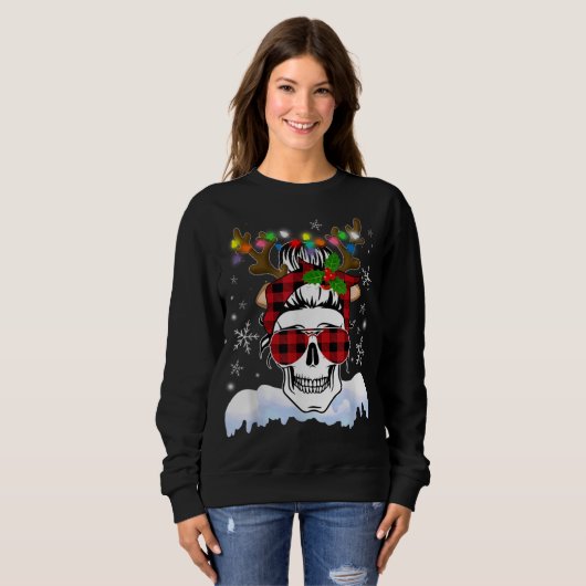 Skull Santa Hat Reindeer kerstlampjes Red Buff Trui (Voorkant volledig)