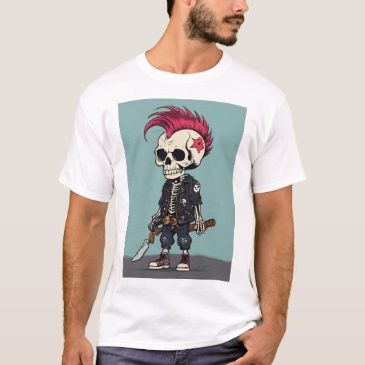 "Skull Shock: Punk Cartoon Skelet Gedrukt tshirt (Voorkant)