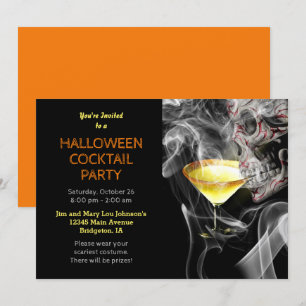 Skull Sipping Martini Halloween Cocktail Party Kaart