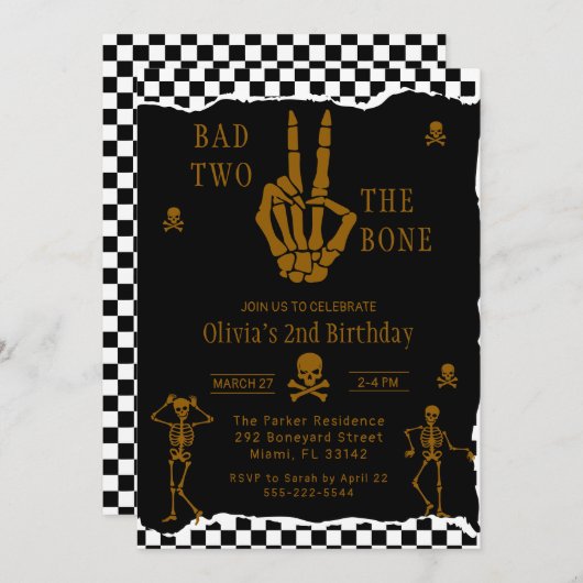 Skull Skeleton Bad to the Bone 2nd Birthday  Kaart (Voorkant / Achterkant)