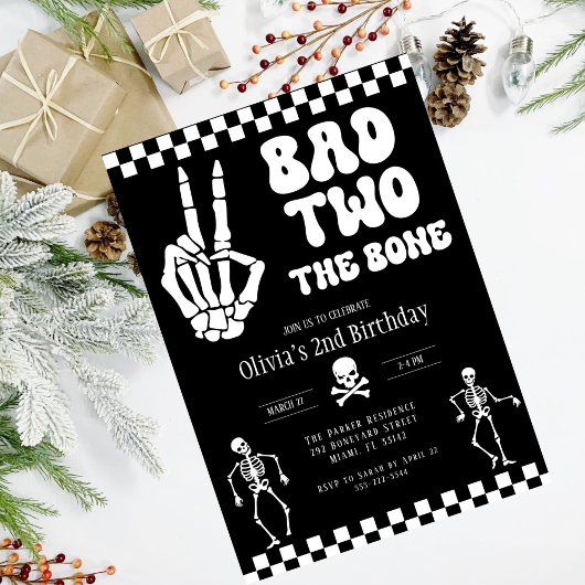 Skull Skeleton Bad to the Bone 2nd Birthday Kaart