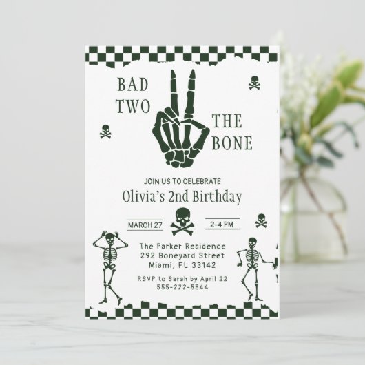 Skull Skeleton Bad to the Bone 2nd Birthday  Kaart (Staand voorkant)