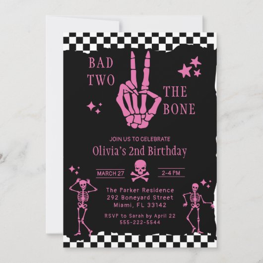 Skull Skeleton Bad to the Bone 2nd Birthday  Kaart (Voorkant)