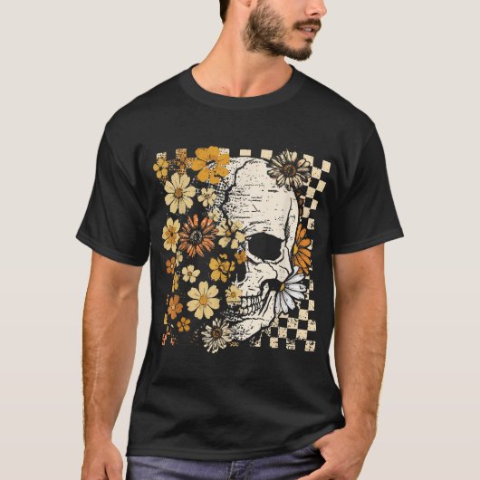 Skull Skeleton Floral Fall Autumn Spooky Halloween T-shirt (Voorkant)