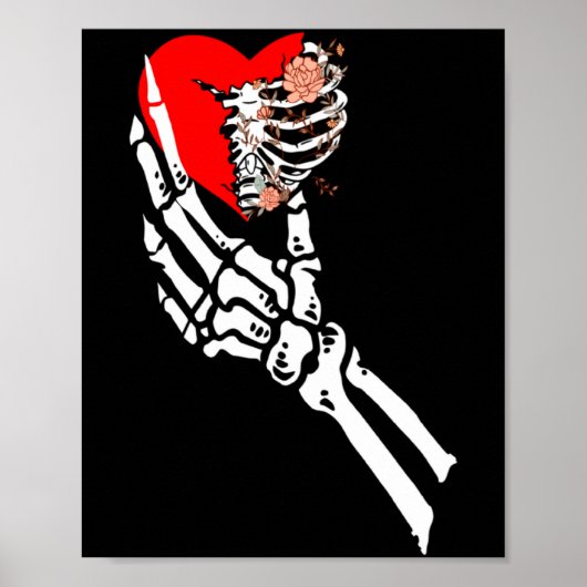 Skull Skeleton Hand Holding Red Heart Love Valenti Poster (Voorkant)