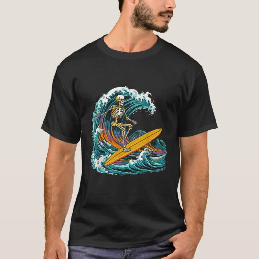 Skull Skeleton Surfer Wave Beach  Funny 80s T-shirt (Voorkant)