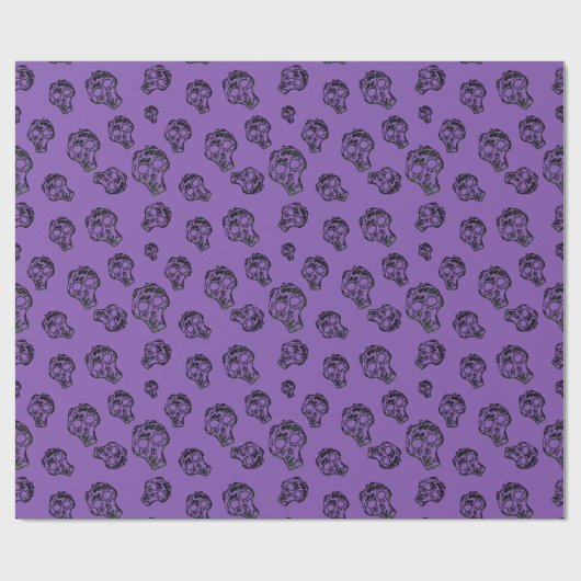 Skull Sketch Halloween Pattern | Zwart-Paars Cadeaupapier (Vlak)
