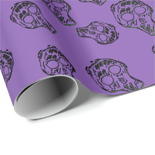 Skull Sketch Halloween Pattern | Zwart-Paars Cadeaupapier (Rol Hoek)