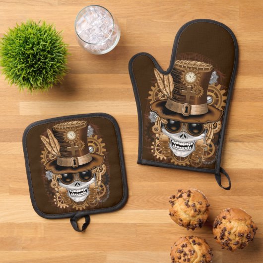 Skull Steampunk Voodoo Retro Machine Ovenwant & Pannenlap Set (Top down)