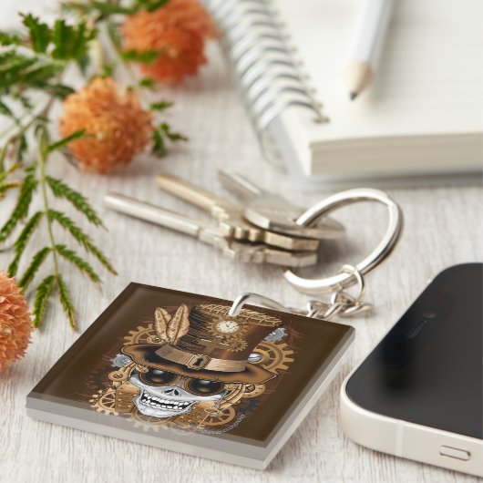 Skull Steampunk Voodoo Retro Machine Sleutelhanger (Voorkant Rechts)