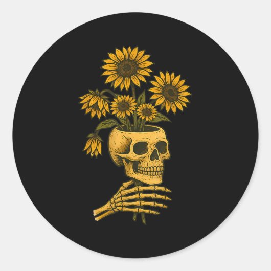 Skull Sunflowers Gothic Goth Creepy Cute Floral  Ronde Sticker (Voorkant)