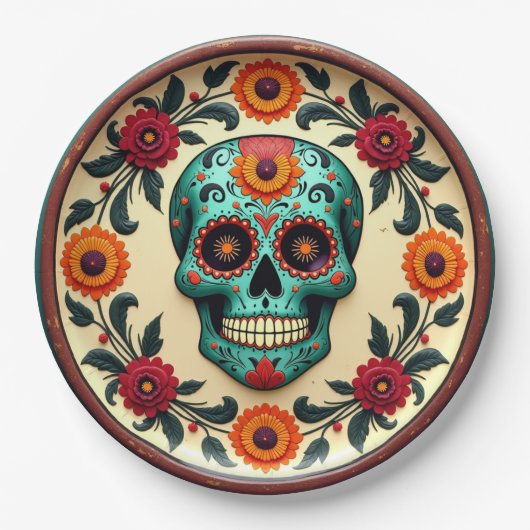 💀🎉Skull Swirl Serveware, de Día de los Muertos Papieren Bordje (Voorkant)