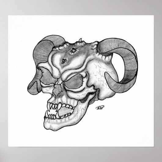 Skull Teufelschädel schwarz weiß Zeichnung Poster (Voorkant)