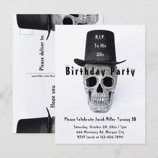 Skull Top Hat Black White RIP naar zijn twintig Uitnodiging Briefkaart (Voorkant / Achterkant)