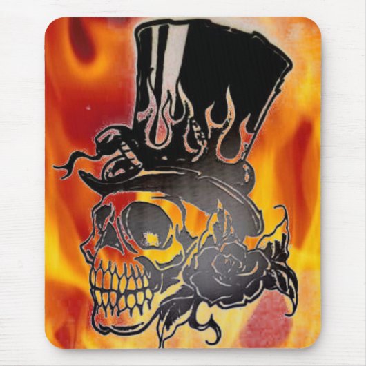 Skull Top Hat Flames & Rozen Mousepad Muismat (Voorkant)