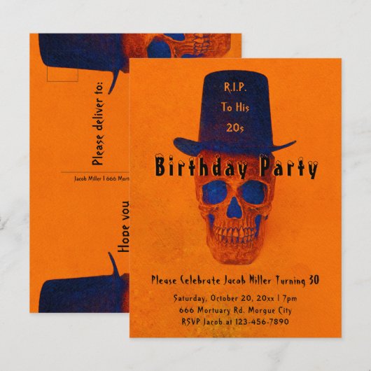 Skull Top Hat  Oranje Blue RIP naar zijn 20s Uitnodiging Briefkaart (Voorkant / Achterkant)