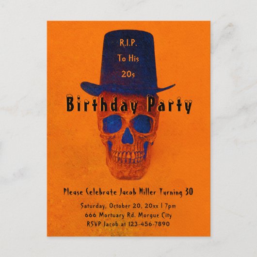 Skull Top Hat Oranje Blue RIP naar zijn 20s Uitnodiging Briefkaart (Voorkant)