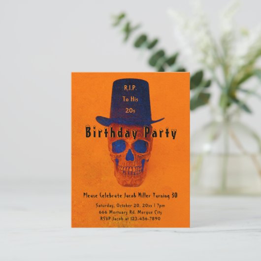 Skull Top Hat Oranje Blue RIP naar zijn 20s Uitnodiging Briefkaart (Staand voorkant)