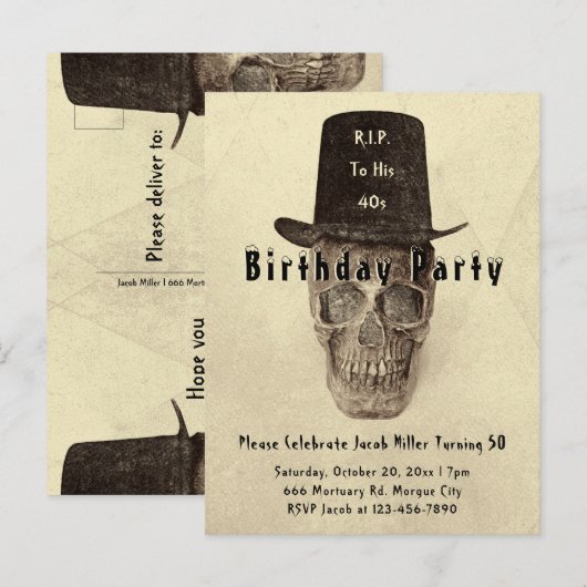 Skull Top Hat  Sepia RIP tot zijn 40er eeuw Uitnodiging Briefkaart (Voorkant / Achterkant)