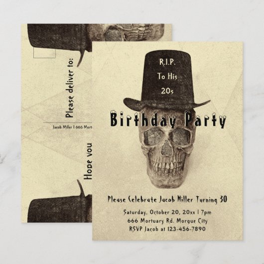 Skull Top Hat  Sepia RIP tot zijn twintig Uitnodiging Briefkaart (Voorkant / Achterkant)