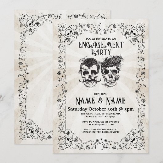 Skull Verlovingsfeest Halloween Gotische Uitnodigi Kaart (Voorkant / Achterkant)
