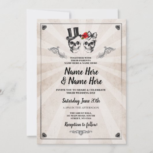 Skull Wedding Halloween Gothic Cream Invite Kaart (Voorkant)