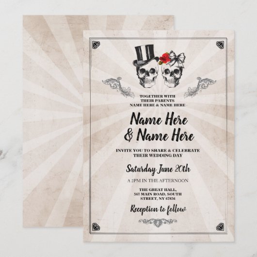 Skull Wedding Halloween Gothic Cream Invite Kaart (Voorkant / Achterkant)