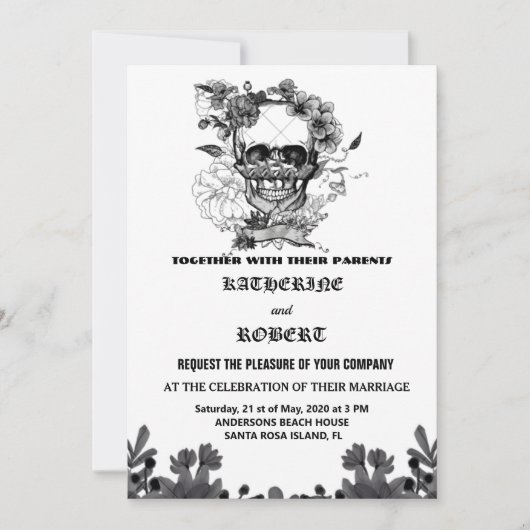 Skull Wedding Halloween Sugar Gothic Floral Invit Kaart (Voorkant)