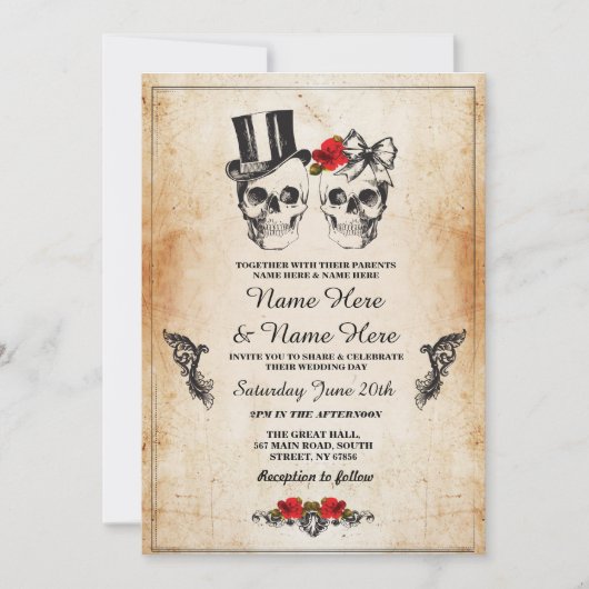 Skull Wedding Halloween Sugar Gothic Floral Invite Kaart (Voorkant)