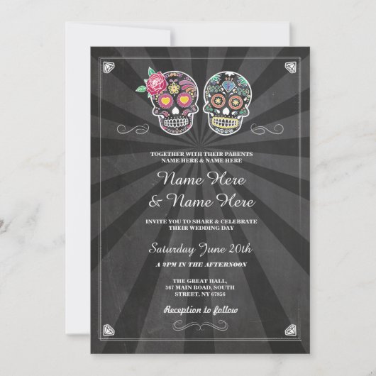 Skull Wedding Halloween Sugar Gothic Skulls Invite Kaart (Voorkant)