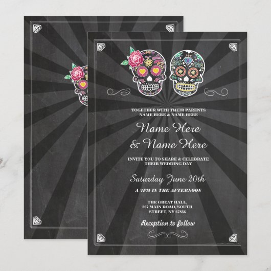 Skull Wedding Halloween Sugar Gothic Skulls Invite Kaart (Voorkant / Achterkant)